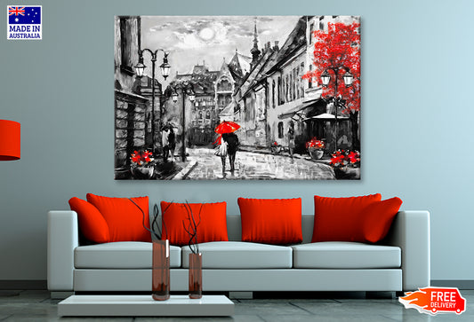 Budapest Street & Couple Under Red Umbrella B&W Painting Wall Art Limited Edition High Quality Print