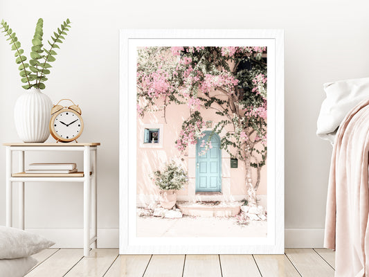 House & Flower Tree Faded Photograph Glass Framed Wall Art, Ready to Hang Quality Print With White Border White