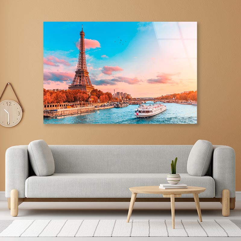 Boat on River & Sunset Eiffel Tower View Acrylic Glass Print Tempered Glass Wall Art 100% Made in Australia Ready to Hang