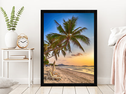 Palm Tropical Beach at Sunset Sky Photograph Glass Framed Wall Art, Ready to Hang Quality Print Without White Border Black