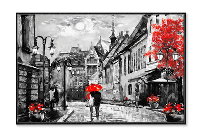 Budapest Street & Couple Under Red Umbrella B&W Painting Wall Art Limited Edition High Quality Print Canvas Box Framed Black