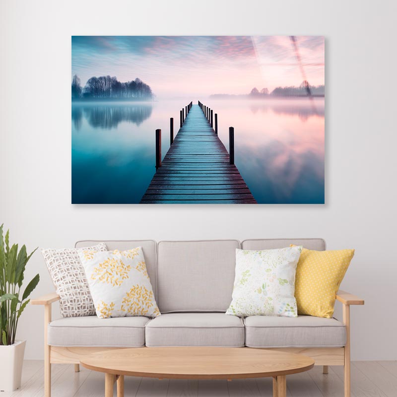 Lakeside View Featuring a Wooden Pier  Acrylic Glass Print Tempered Glass Wall Art 100% Made in Australia Ready to Hang