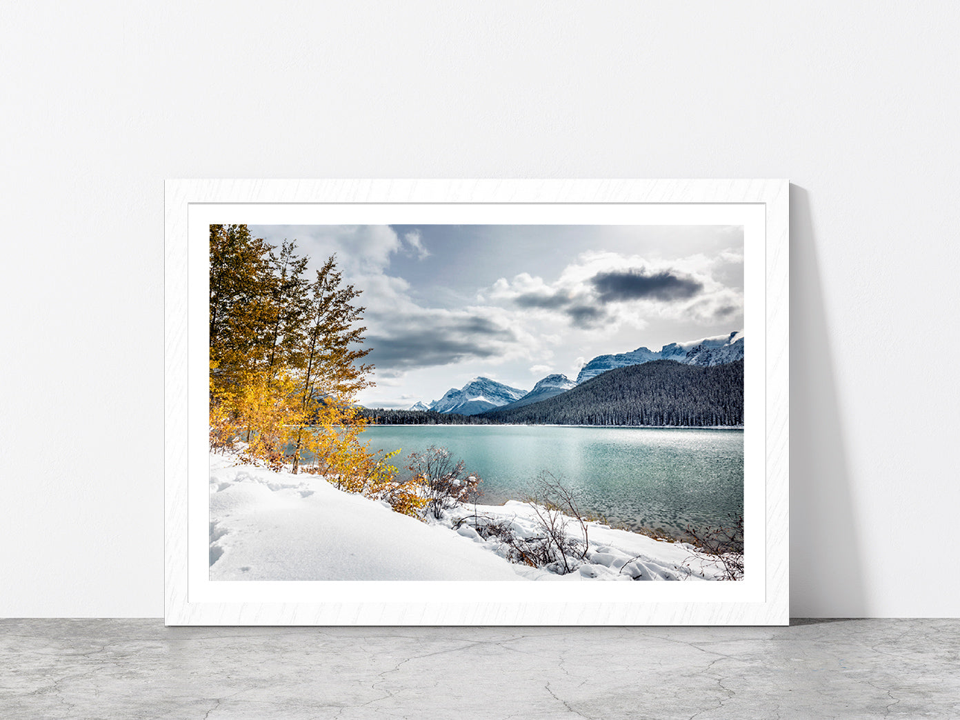 Chephren Lake With Reflection Glass Framed Wall Art, Ready to Hang Quality Print With White Border White