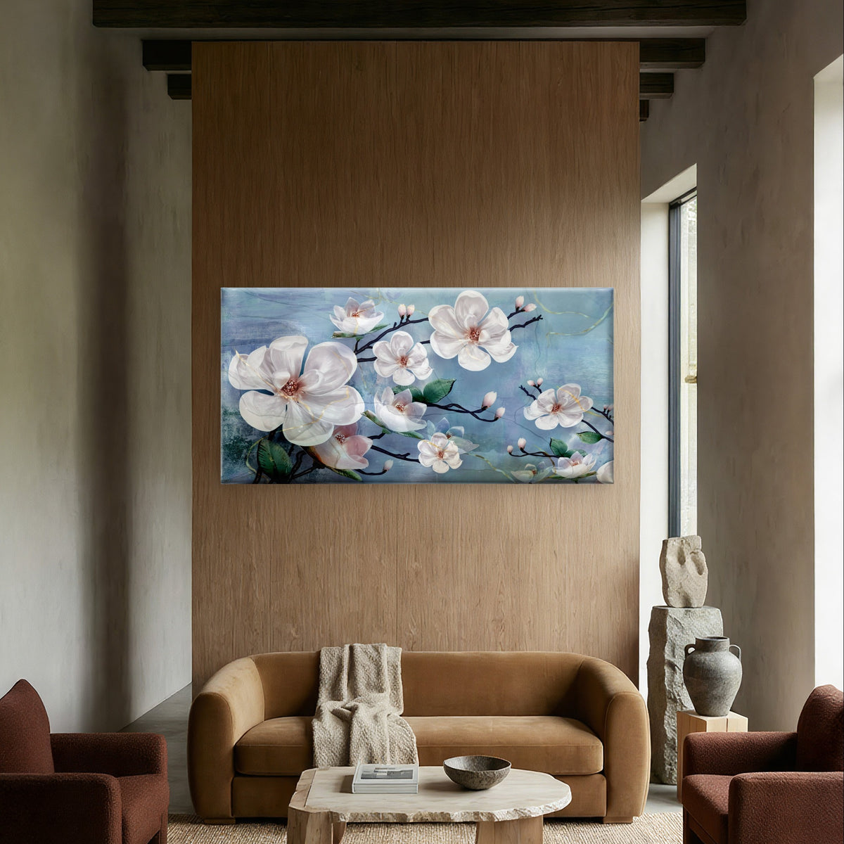 White Magnolia Floral Blossom Branch Painting Wall Art Canvas Office Home Framed 120x60cm