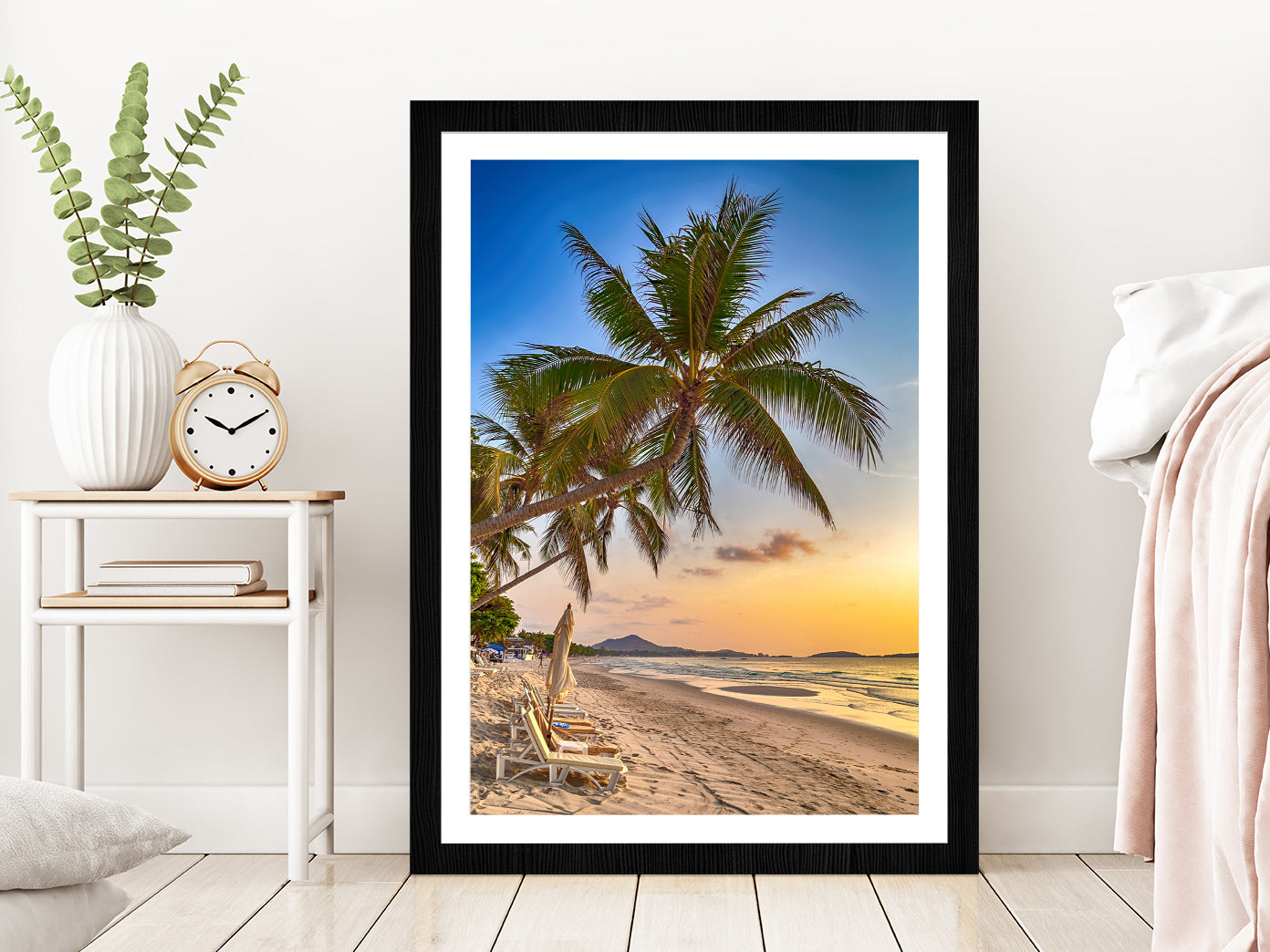 Palm Tropical Beach at Sunset Sky Photograph Glass Framed Wall Art, Ready to Hang Quality Print With White Border Black