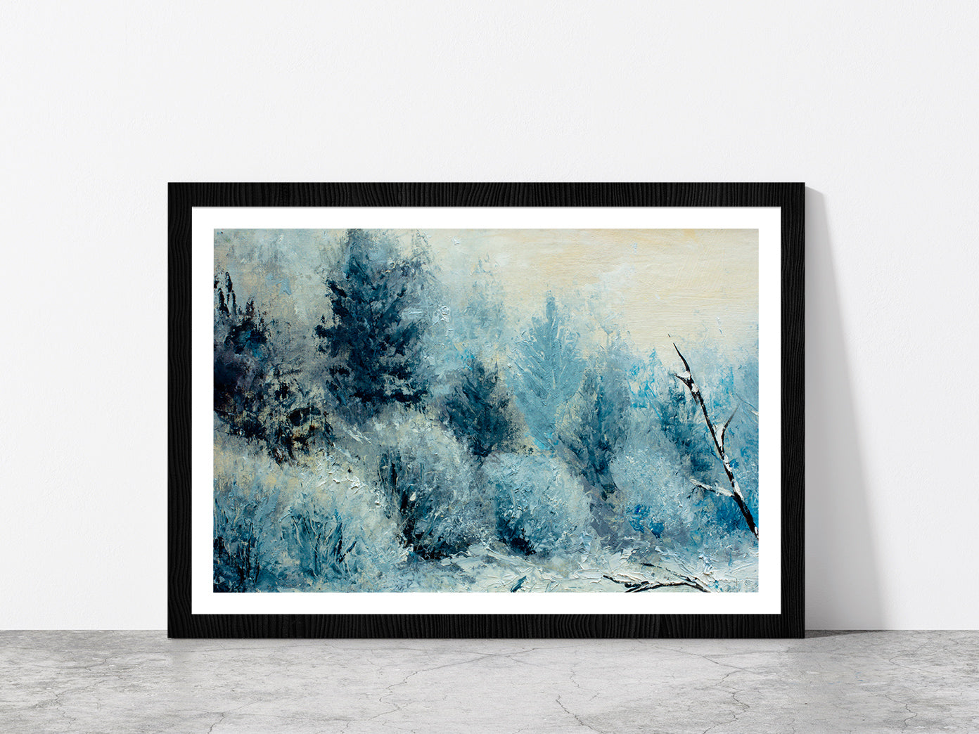 Winter Forest With Winter White Trees, Bushes In The Snow Glass Framed Wall Art, Ready to Hang Quality Print With White Border Black