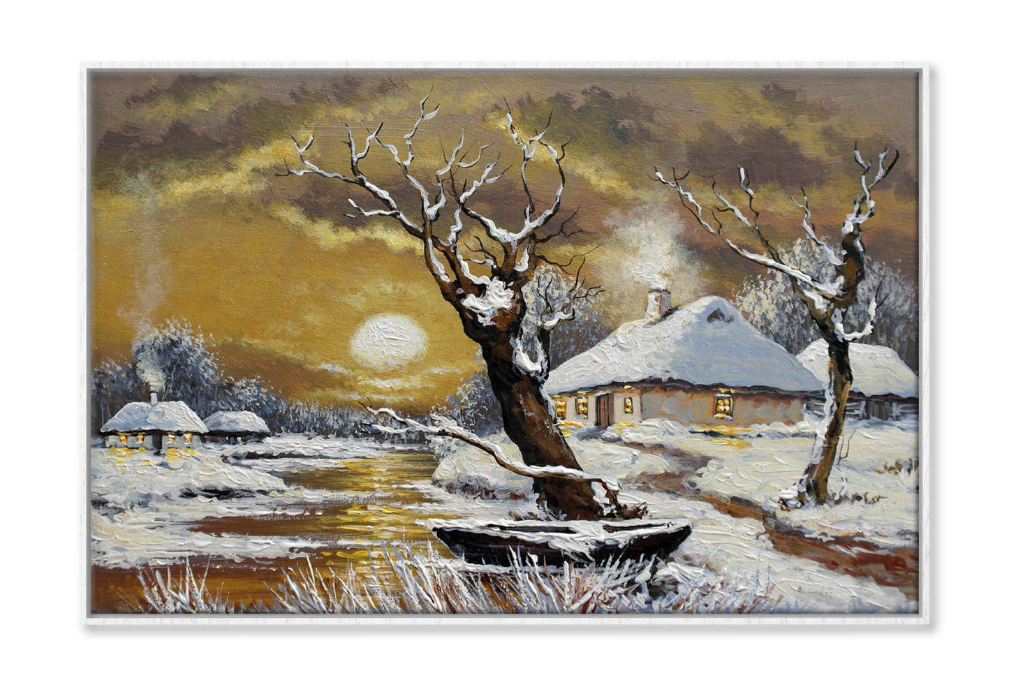 Winter House in the Village & River Night Sky Wall Art Limited Edition High Quality Print Canvas Box Framed White