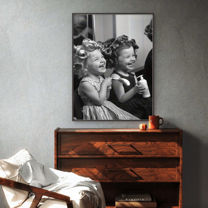 Black & White Hair Salon Two Girls in Curlers Fashion Home Decor Premium Quality Poster Print Choose Your Sizes