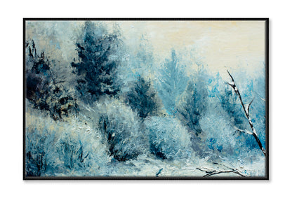 Winter Forest With Winter White Trees, Bushes In The Snow Oil Painting Limited Edition High Quality Print Canvas Box Framed Black