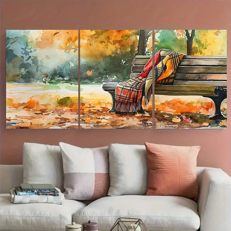 3pcs Charming Autumn Park Bench Blanket Metal Print Ready to Hang Art