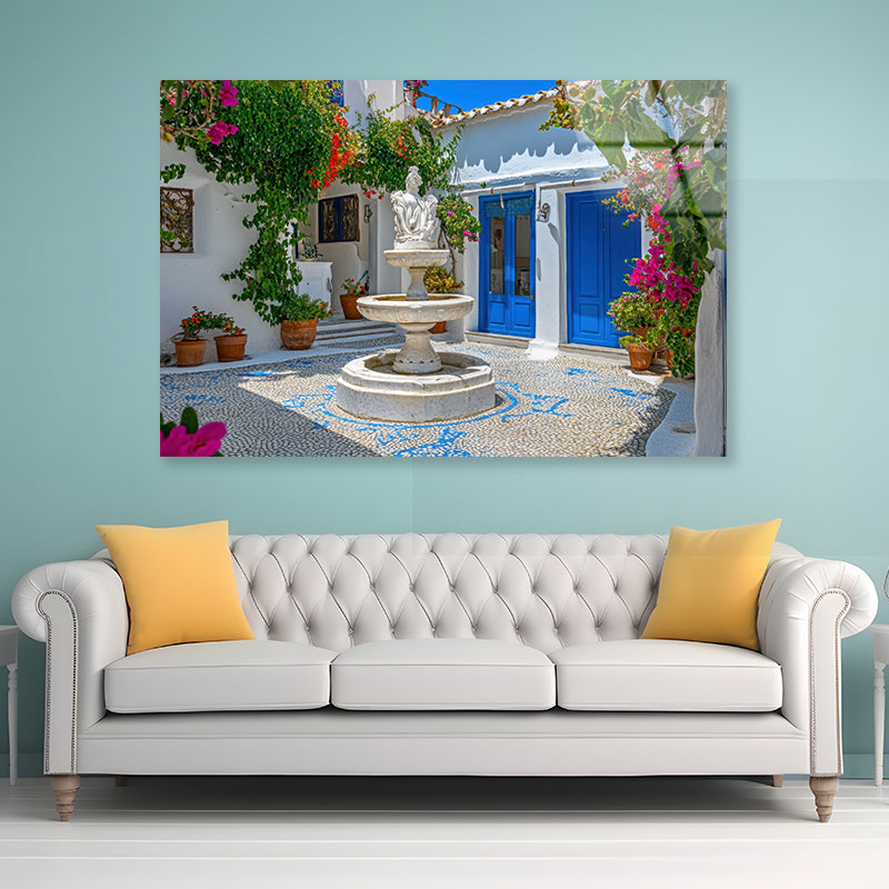 Fountain in a Courtyard, Flowers, Houseplant Acrylic Glass Print Tempered Glass Wall Art 100% Made in Australia Ready to Hang