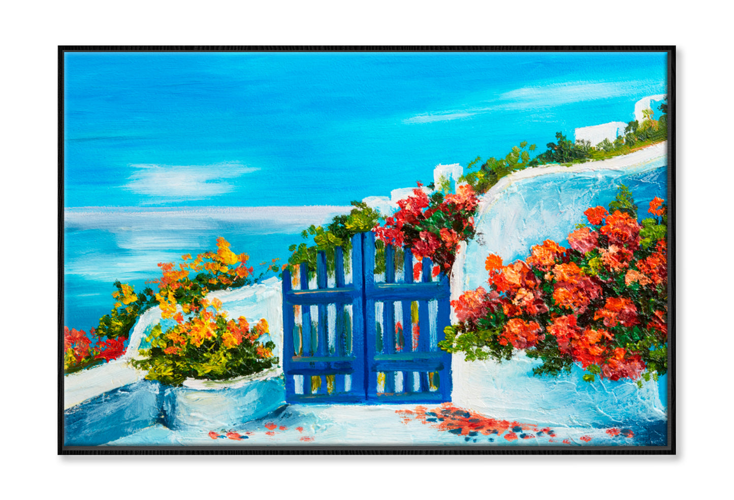 House Near The Sea, Colorful Flowers Oil Painting Wall Art Limited Edition High Quality Print Canvas Box Framed Black