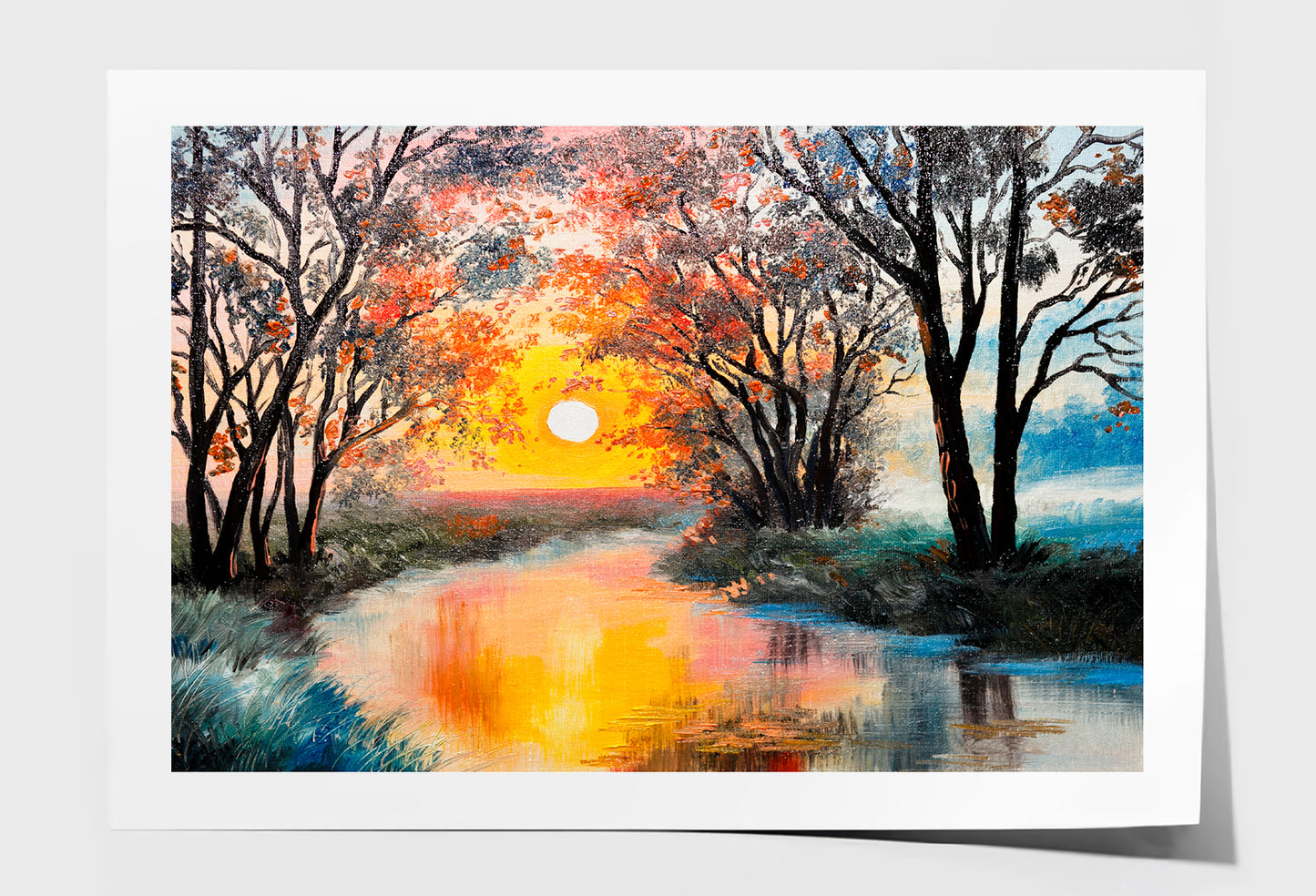 The River In Autumn Forest & Sunset Painting Wall Art Limited Edition High Quality Print Unframed Roll Canvas None