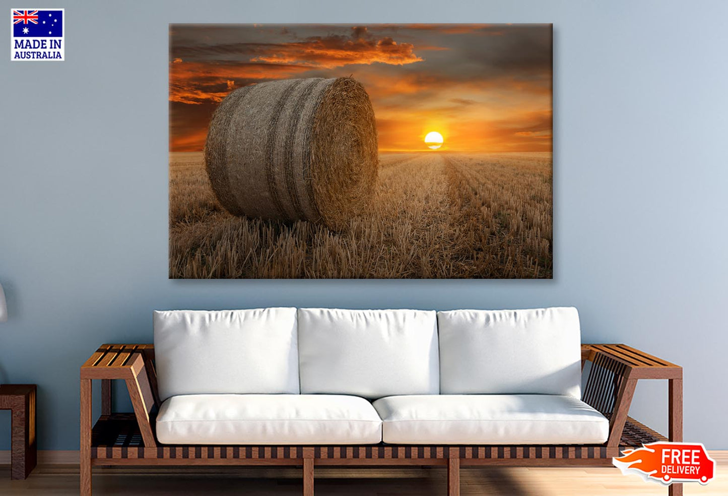 Straw Bales in A Field at Sunset Wall Art Decor 100% Australian Made