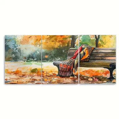 3pcs Charming Autumn Park Bench Blanket Metal Print Ready to Hang Art