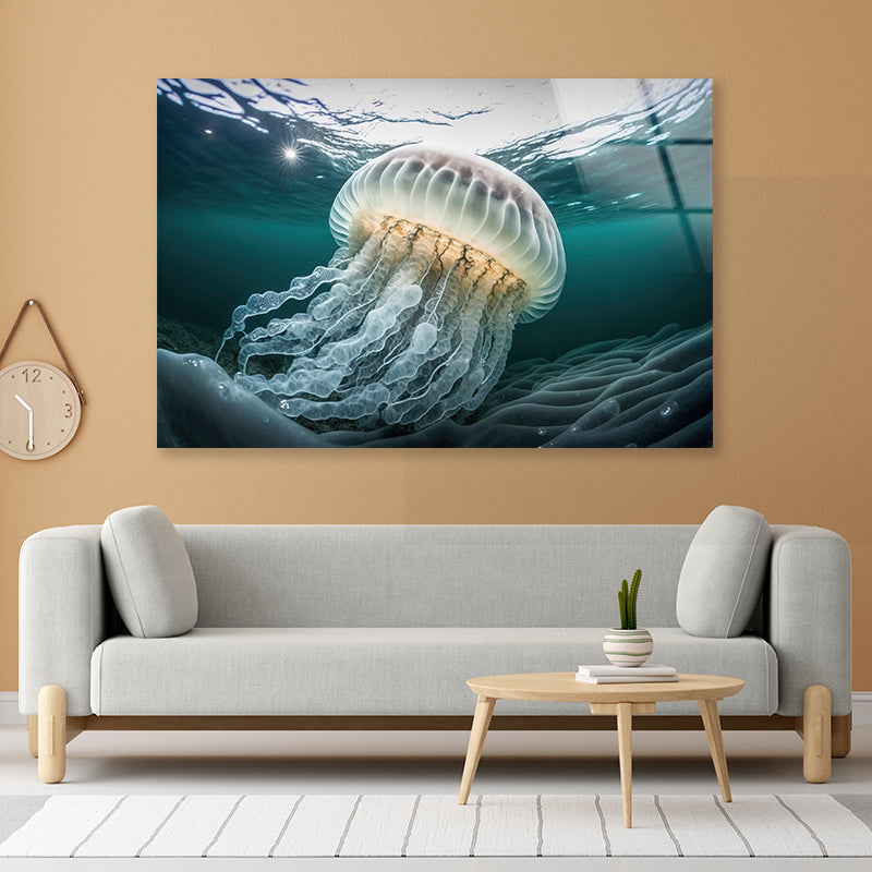 White Jellyfish Floating In the Water Acrylic Glass Print Tempered Glass Wall Art 100% Made in Australia Ready to Hang