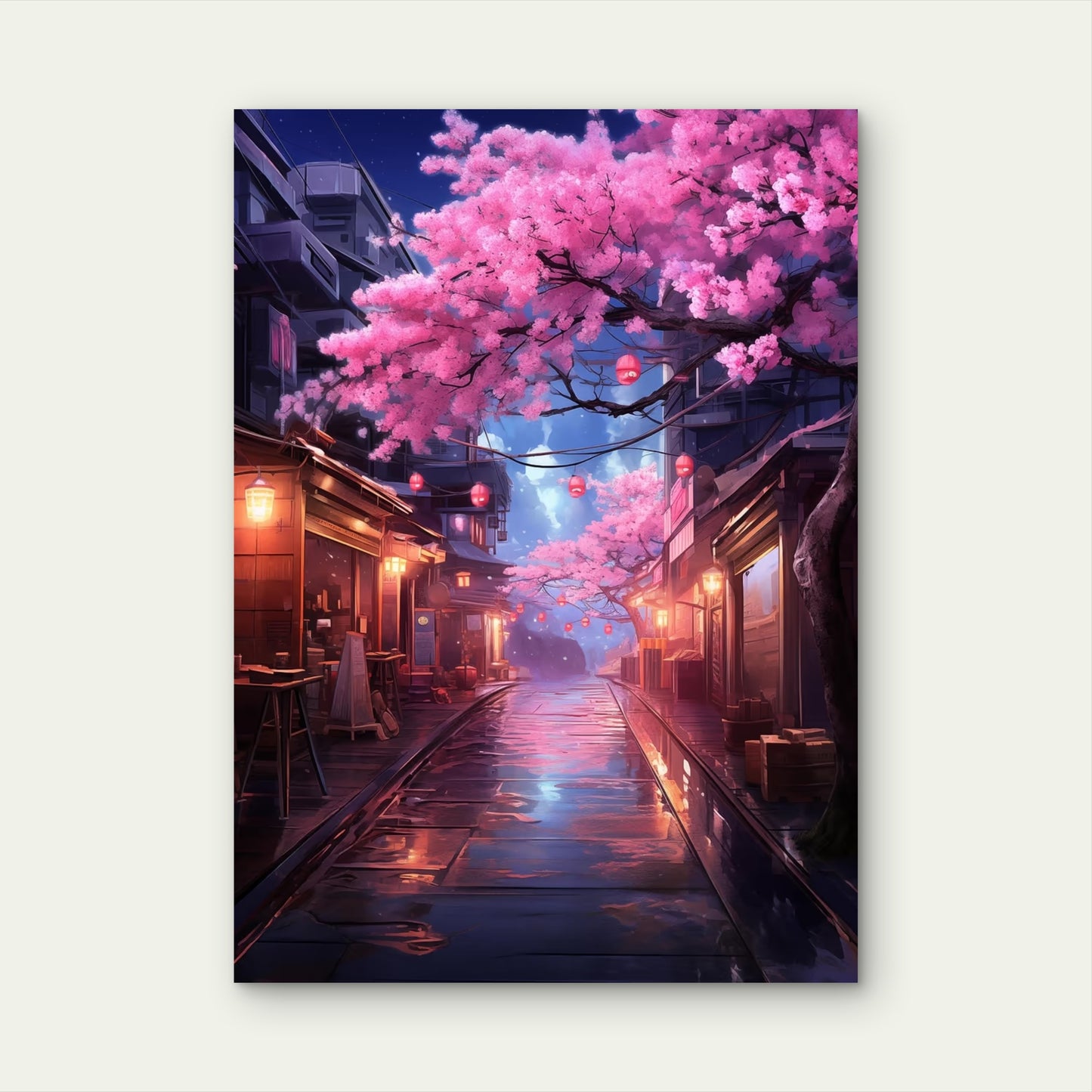 Tokyo Street Night Sakura Lantern 60x90cm Metal Print Ready to Hang