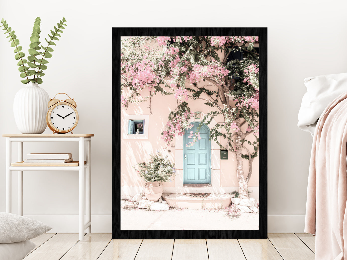 House & Flower Tree Faded Photograph Glass Framed Wall Art, Ready to Hang Quality Print Without White Border Black