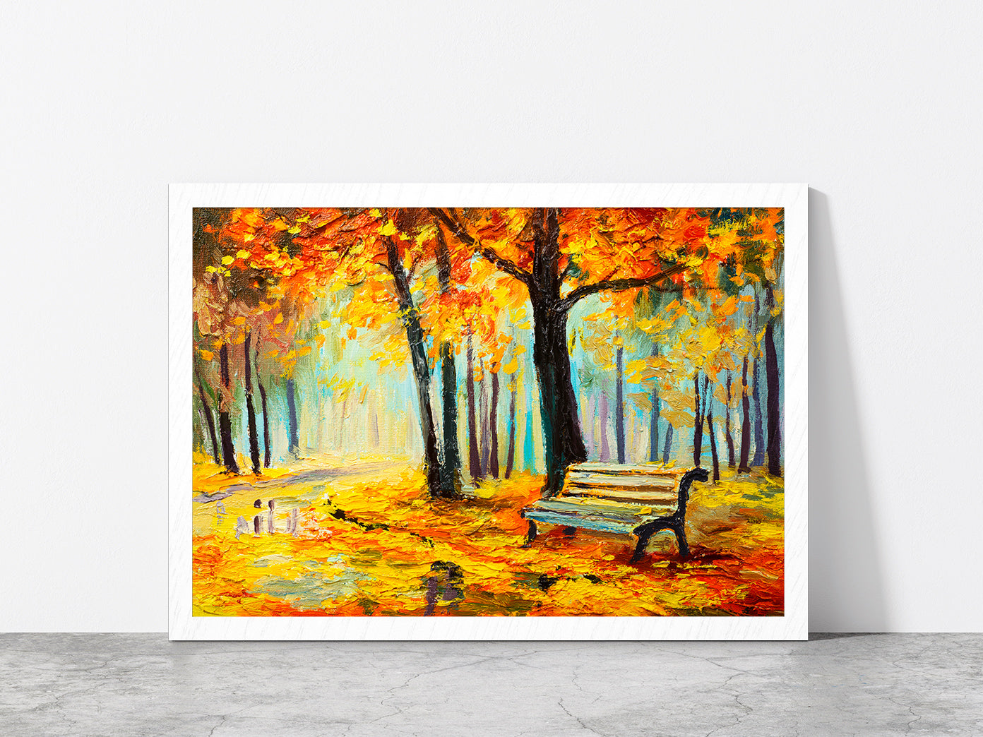 Bench In Autumn Forest Glass Framed Wall Art, Ready to Hang Quality Print Without White Border White