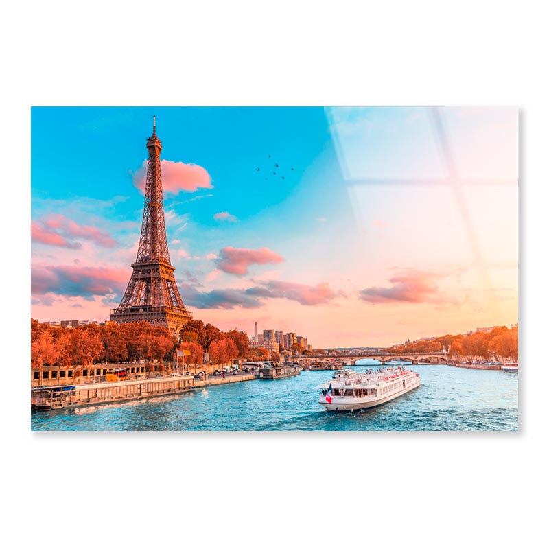 Boat on River & Sunset Eiffel Tower View Acrylic Glass Print Tempered Glass Wall Art 100% Made in Australia Ready to Hang