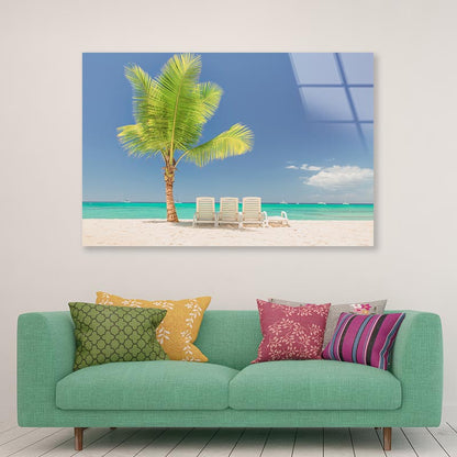 Coconut Tree and Chairs in Beach Acrylic Glass Print Tempered Glass Wall Art 100% Made in Australia Ready to Hang