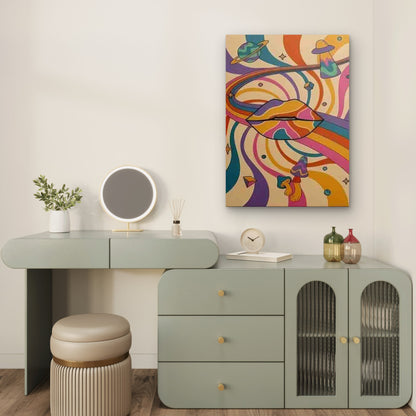 Psychedelic Lips with Swirls, Planets, UFO, Mushrooms Metal Print Ready to Hang