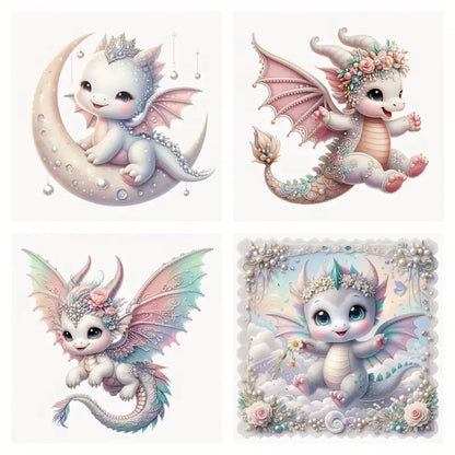 4pcs White Dragon Puppy Wall Art Canvas Framed