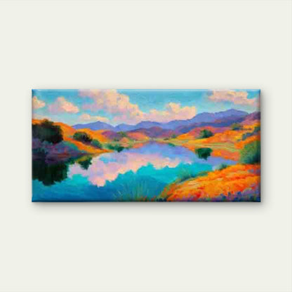 Vibrant Mountain Lake Scene Wall Art Canvas Office Home Room Framed 120x60cm