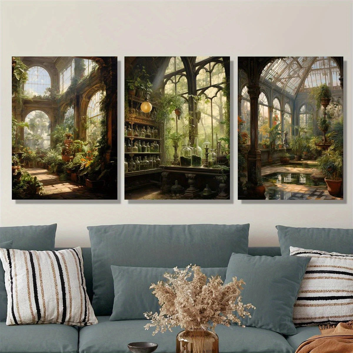 3pcs Botanical Garden with Stone Paths, Greenhouse Metal Print Ready to Hang Art