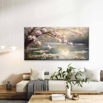 Blossoms Over Serene Lake Wall Art Canvas Office Home Room Framed 120x60cm