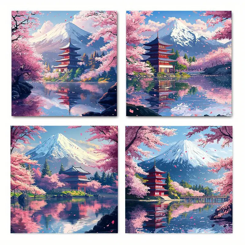 4pcs  Sakura Lake Cottage Mountain SK  Wall Art Canvas Framed