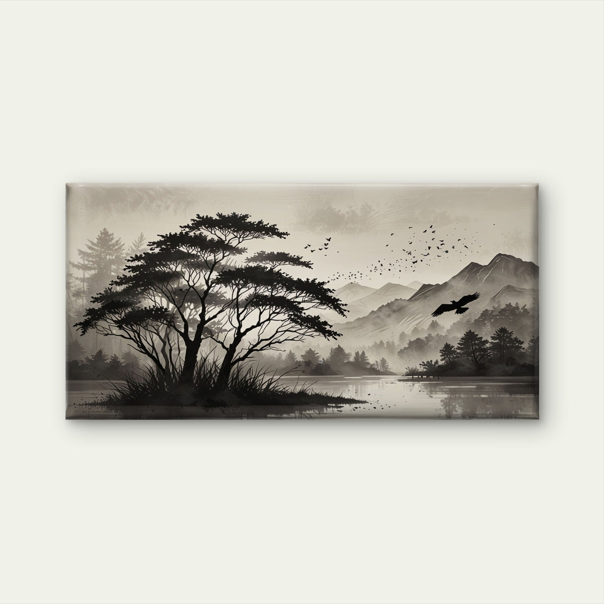Misty Mountain Lake View Wall Art Canvas Office Home Room Framed 120x60cm