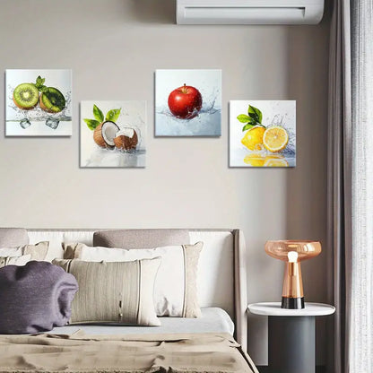 4pcs Fruit Apple Lemon Cocunuts In Water Wall Art Canvas Framed