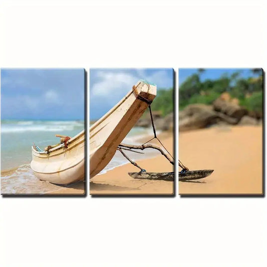 3pcs Modern Fishing Boats On Empty Beach  Metal Print Ready to Hang Art
