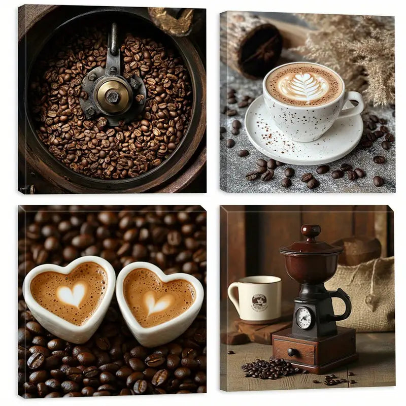 4pcs  Coffee Bean Paintings, Coffee Grinder   Wall Art Canvas Framed