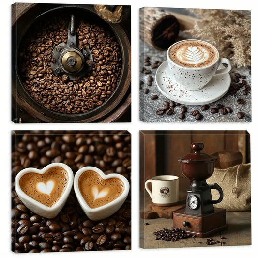 4pcs  Coffee Bean Paintings, Coffee Grinder   Wall Art Canvas Framed