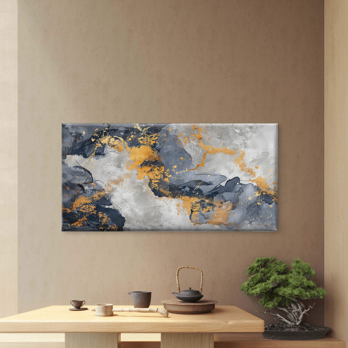 Midnight Gold Marble Flow Wall Art Canvas Office Home Room Framed 120x60cm