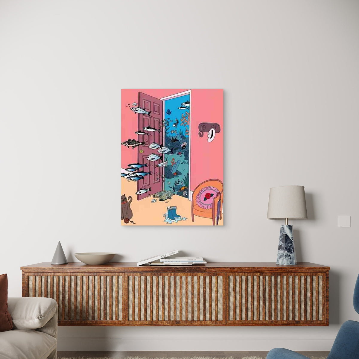 Whimsical Cat and Fish Metal Print Ready to Hang