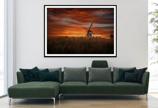 Old Windmills in Kinder Dijk at Dramatic Sunset, Netherland Home Decor Premium Quality Poster Print Choose Your Sizes