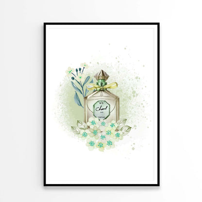 Green Colored Perfume with Flowers Design Home Decor Premium Quality Poster Print Choose Your Sizes