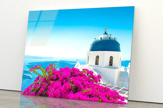 Pink Bougainvillea in Santorini Acrylic Glass Print Tempered Glass Wall Art 100% Made in Australia Ready to Hang