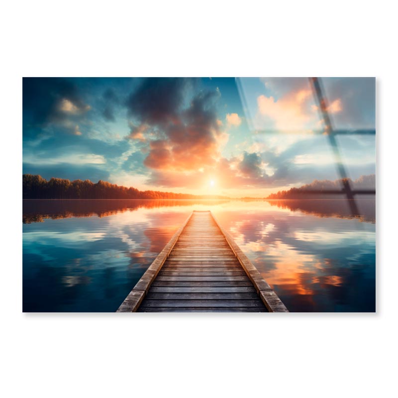 Wooden Pier Over a Calm Lake During Sunrise  Acrylic Glass Print Tempered Glass Wall Art 100% Made in Australia Ready to Hang