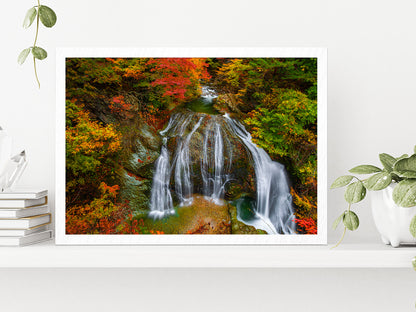 Waterfall Among Foliage Autumn Glass Framed Wall Art, Ready to Hang Quality Print Without White Border White