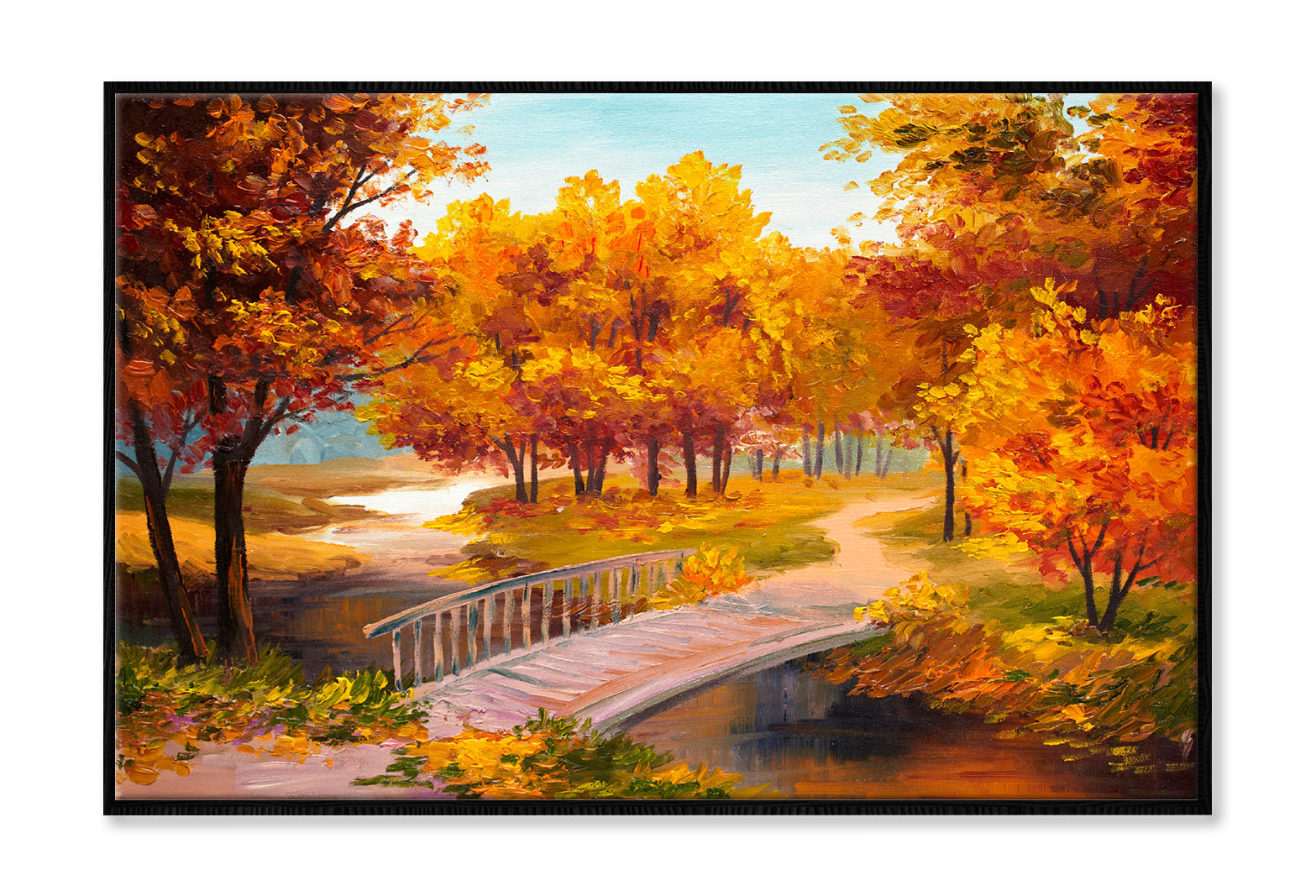 Autumn Forest With A River & Bridge Over The River Painting Wall Art Limited Edition High Quality Print Canvas Box Framed Black