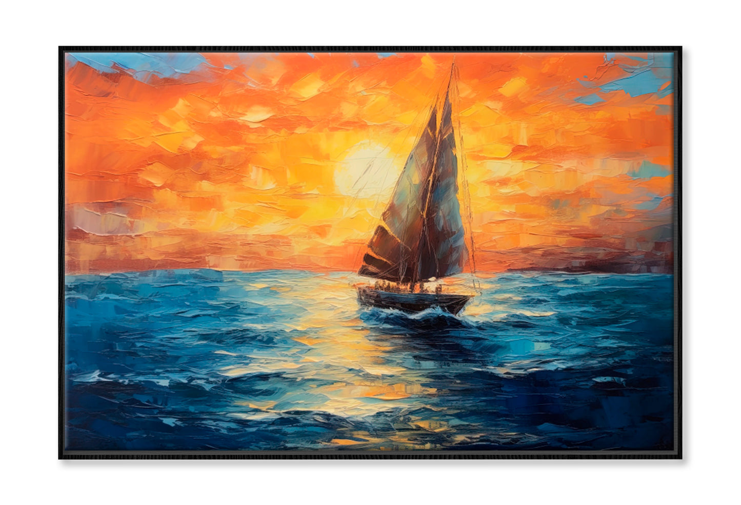 Sailboat Boat at Sunset On The Ocean Oil Painting Wall Art Limited Edition High Quality Print Canvas Box Framed Black