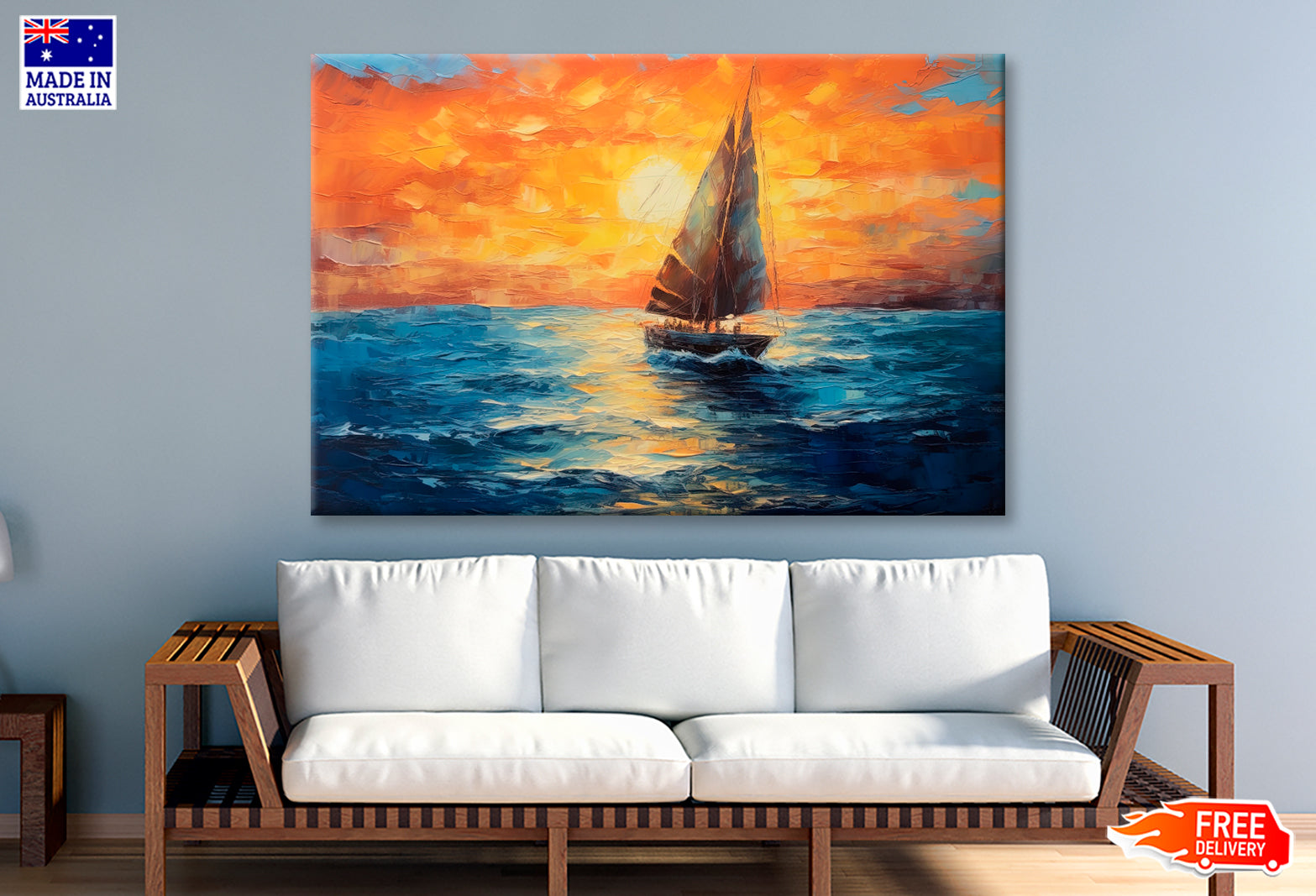 Sailboat Boat at Sunset On The Ocean Oil Painting Wall Art Limited Edition High Quality Print