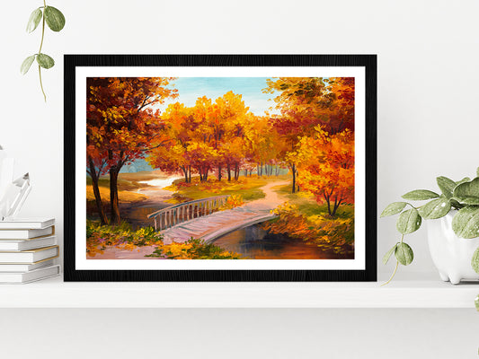 Autumn Forest With A River & Bridge Over The River Painting Glass Framed Wall Art, Ready to Hang Quality Print With White Border Black