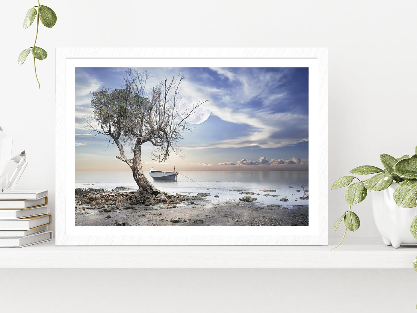 Dead Tree near Sea & Boat View Photograph Glass Framed Wall Art, Ready to Hang Quality Print With White Border White