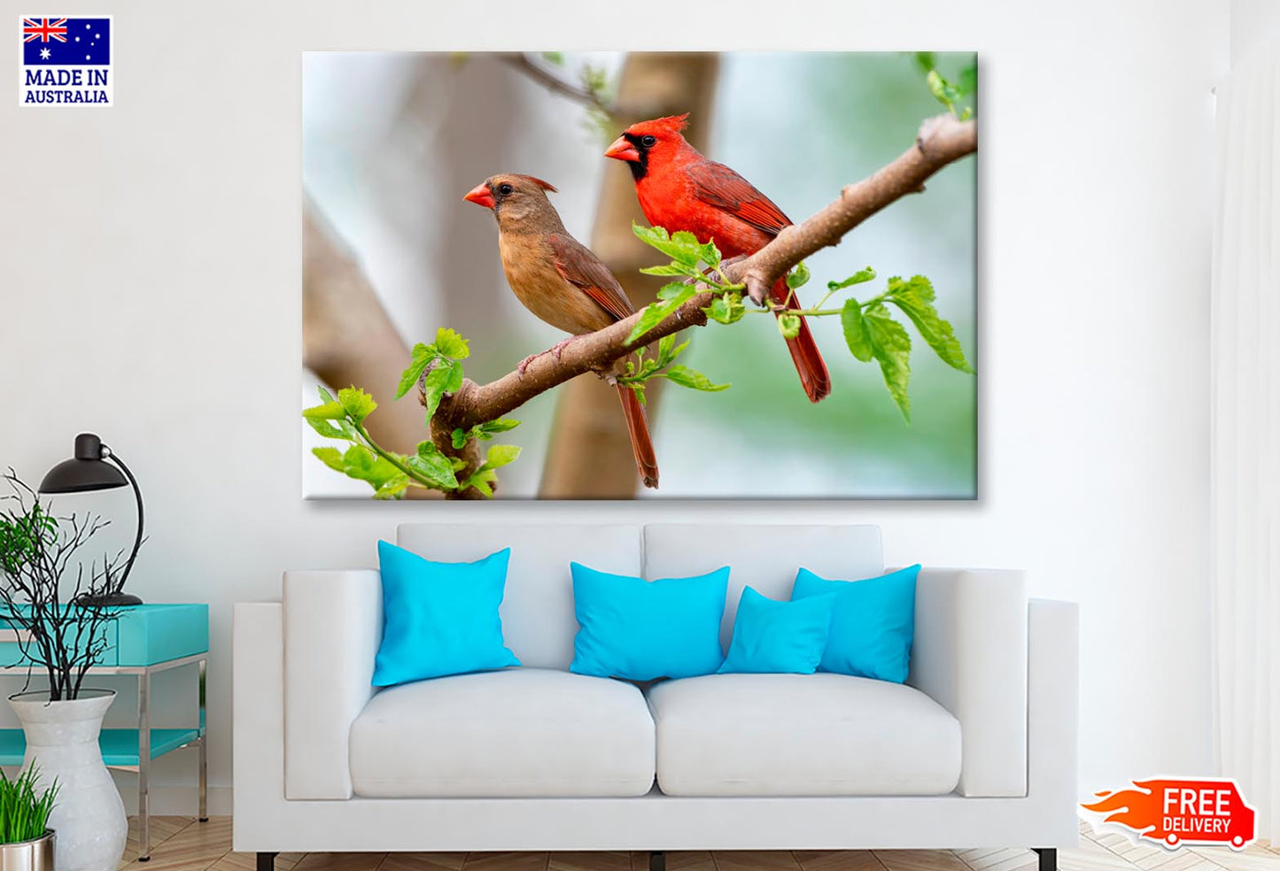 Northern Cardinal Pair in Spring  Wall Art Decor 100% Australian Made