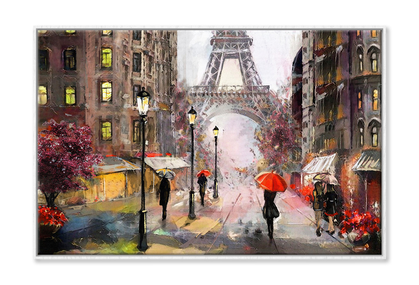 Eiffel Tower & People Under Red Umbrella Oil Painting Wall Art Limited Edition High Quality Print Canvas Box Framed White